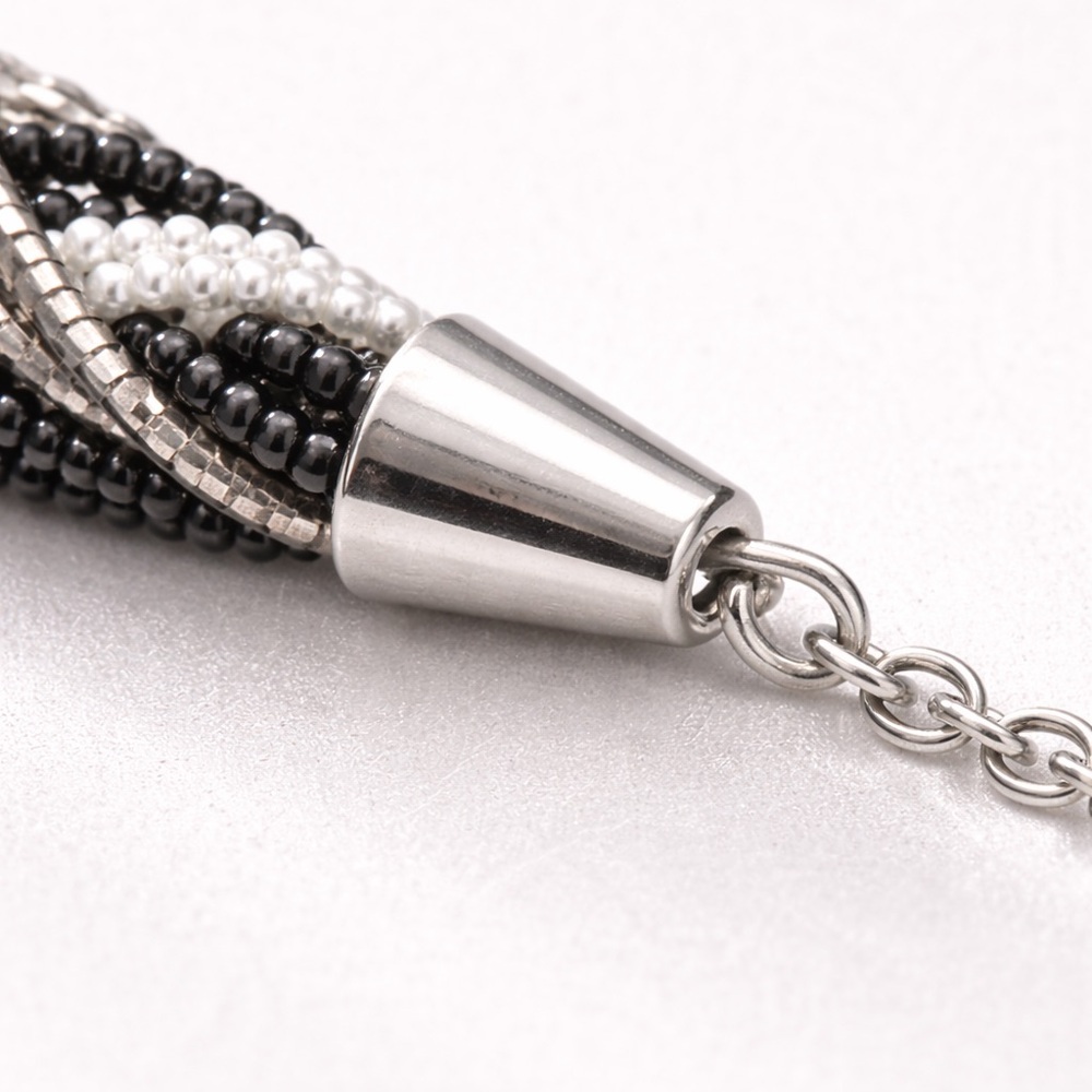 Black White Silver Gray Braided Seed Bead Statement Necklace Bracelet Set Cones - Picture 10 of 12